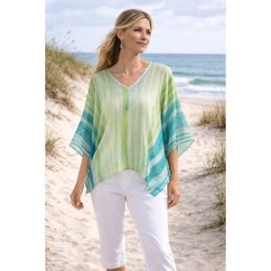 John Mark Womens XL Green Striped Sheer Poncho Blouse Button Shoulder Top